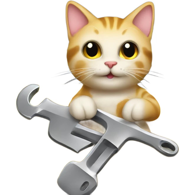 A cartoon emoji-style car with a cat sitting on the open hood, holding a wrench and smiling emoji