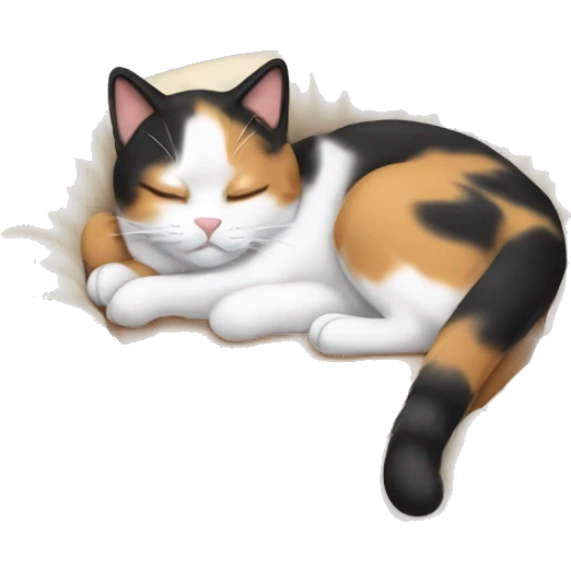 Calico cat sleeping on a tan cat bed emoji