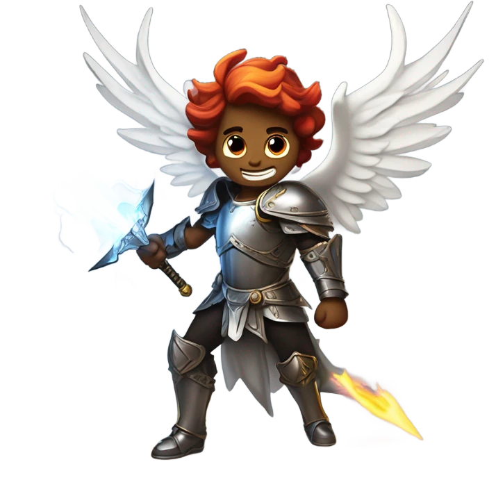 angel vs demon in a lively fight mid flight with swords and armor and lightning emoji
