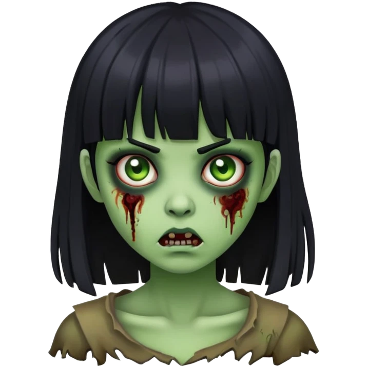 girl zombie with black hair and bangs with horror green skin emoji