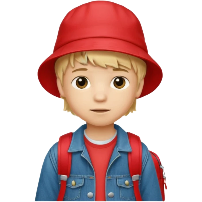 A little boy student, blonde hair, with red bucket hat, jean jacket, backpack emoji