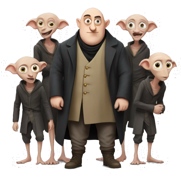 gru as dobby surrounded by his minions emoji