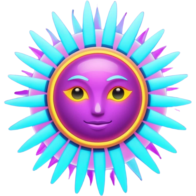 Futuristic glowing sun emoji, neon rays, bright holographic purple and cyan glow, dark background, digital tech style emoji