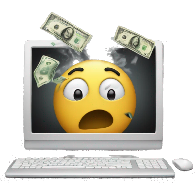 A stressed-out computer with smoke coming out and money flying away emoji