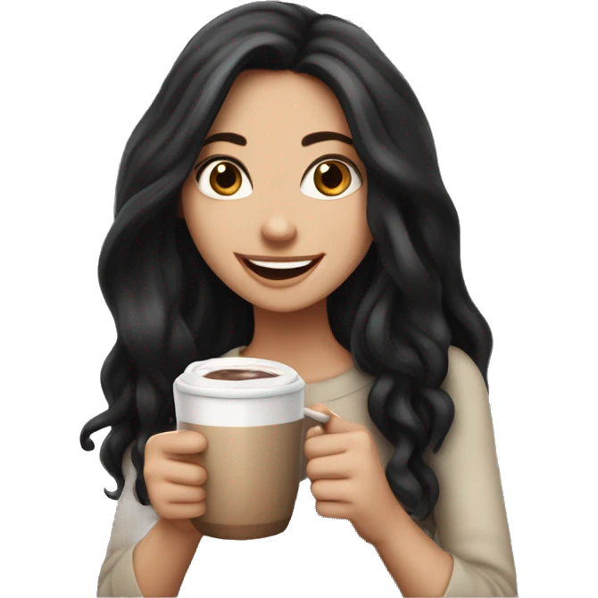 White girl with long black hair holding a cup of hot chocolate and smiling  emoji