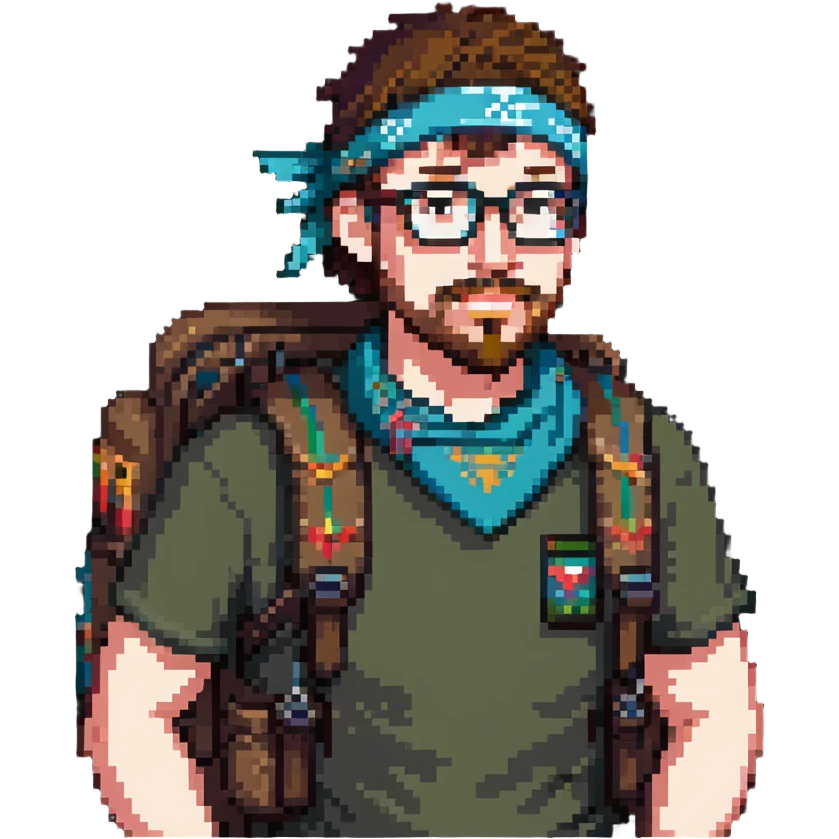 adventurer with goatee beard (no beard on cheeks), short hair, glasses, bandana on head and backpack emoji