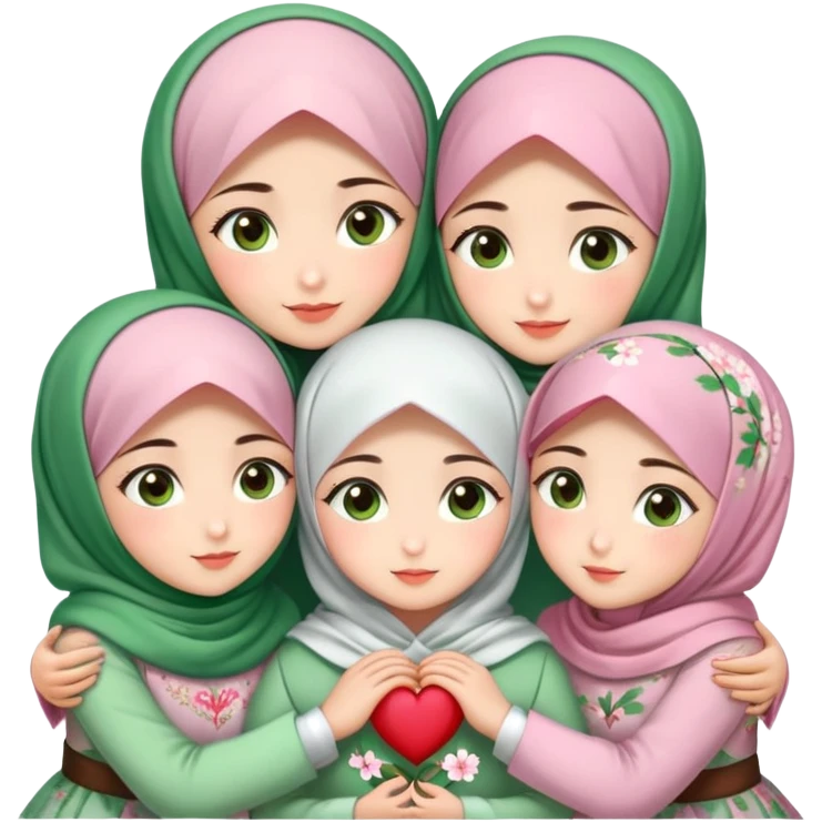 Four sister hugs Turkish girls beautiful finish Konya brown and green eyes with cherry blossom hijab and heart dress and hugs  emoji