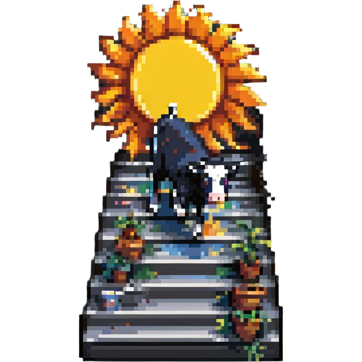 pixel art illustration merging a staircase, the sun, and a cow into a single whimsical form emoji