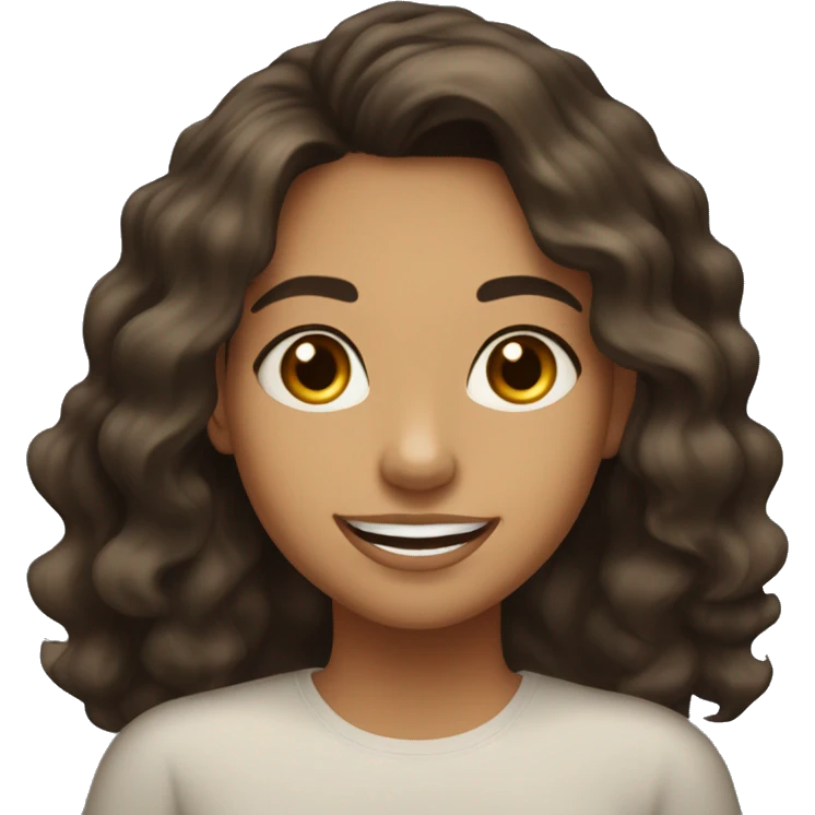 22-year-old woman. Girl with really really dark brown shoulder-length beach waves. REALLY Dark brown eyes with a HUGE OPTIMISTIC SMILE no teeth." Olive SKIN  emoji