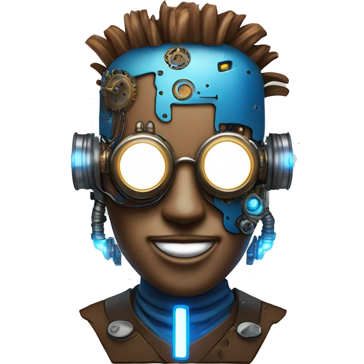 Brown cyborg head with blue Mohawk, blue beard, silver steampunk monocle goggles a smile and circuits emoji