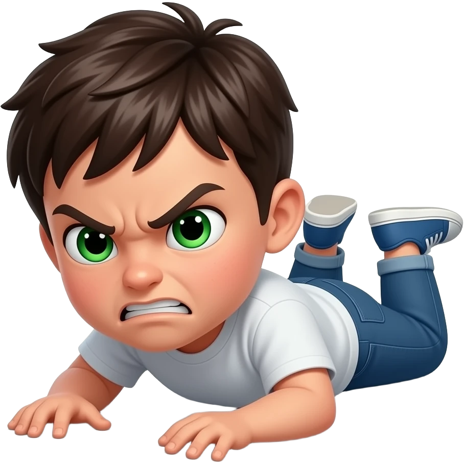 Little slim dark haïr boy with green eyes lying very very angry on the floor emoji