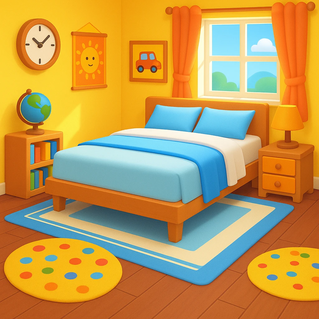 Add a colorful bedroom background with bright walls, playful decorations, and a cozy rug. Keep the room tidy and inviting in emoji style emoji