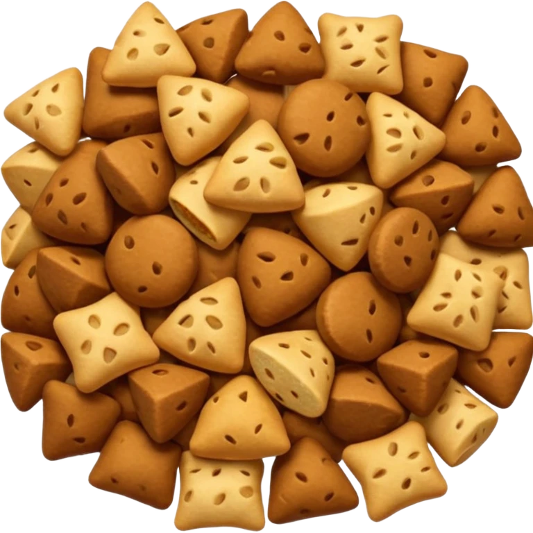 small handful of dry pet food pieces in varied shapes round triangular pillow-like warm brown tones slightly rough matte texture irregularly scattered crunchy bite-sized format no bowl packaging or extras just croquettes soft lighting subtle shadows emoji scale emoji