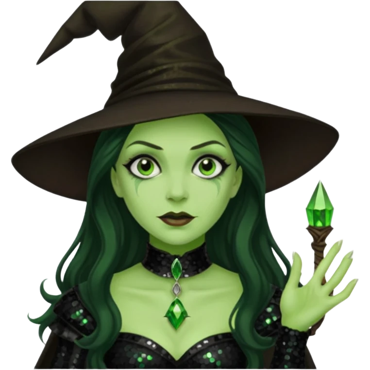 The Wicked Witch from The Land of Oz with green skin, long dark brown hair, black sequin outfit emoji