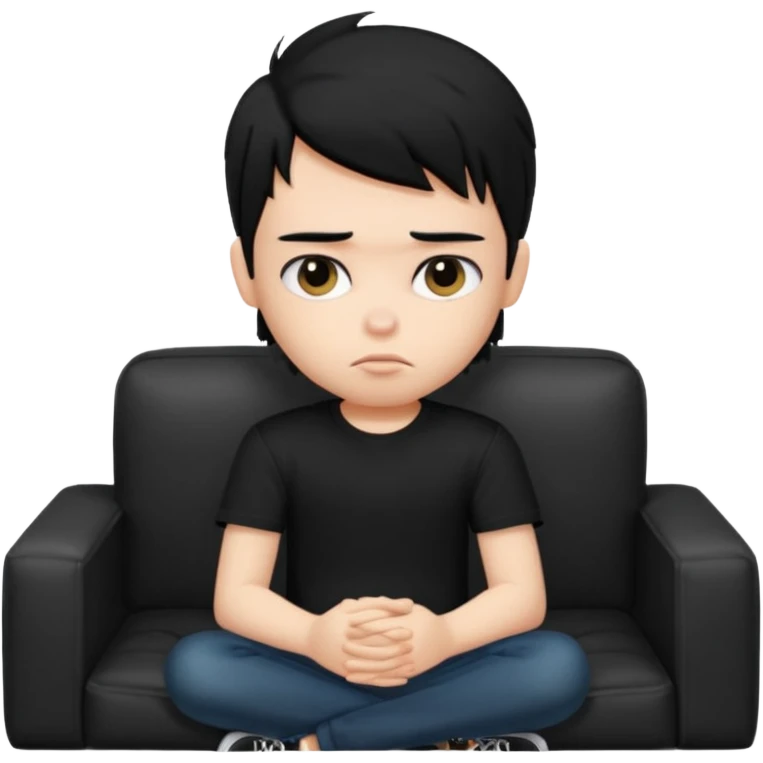 a pretty bratz boy with black hair and fat on a sofa looking sad emoji