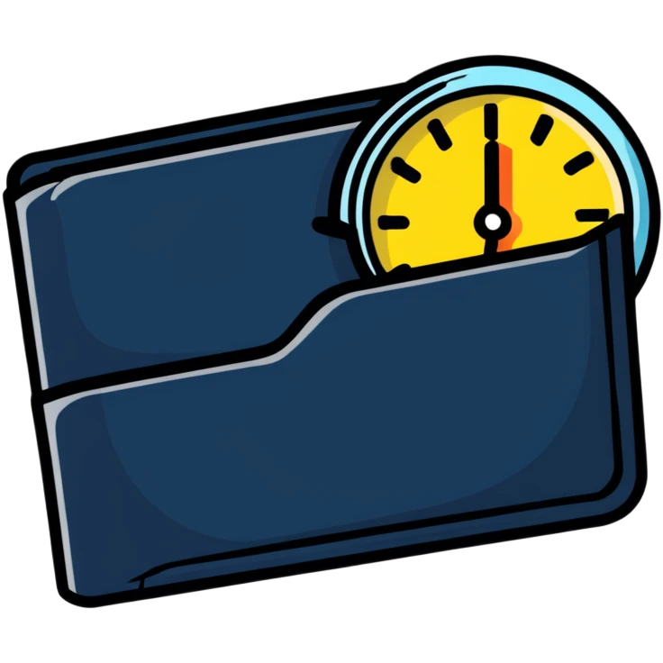 wallet with a zooming clock with motion blur in top right corner, clock with speed streaks, speedometer-style clock showing fast service emoji