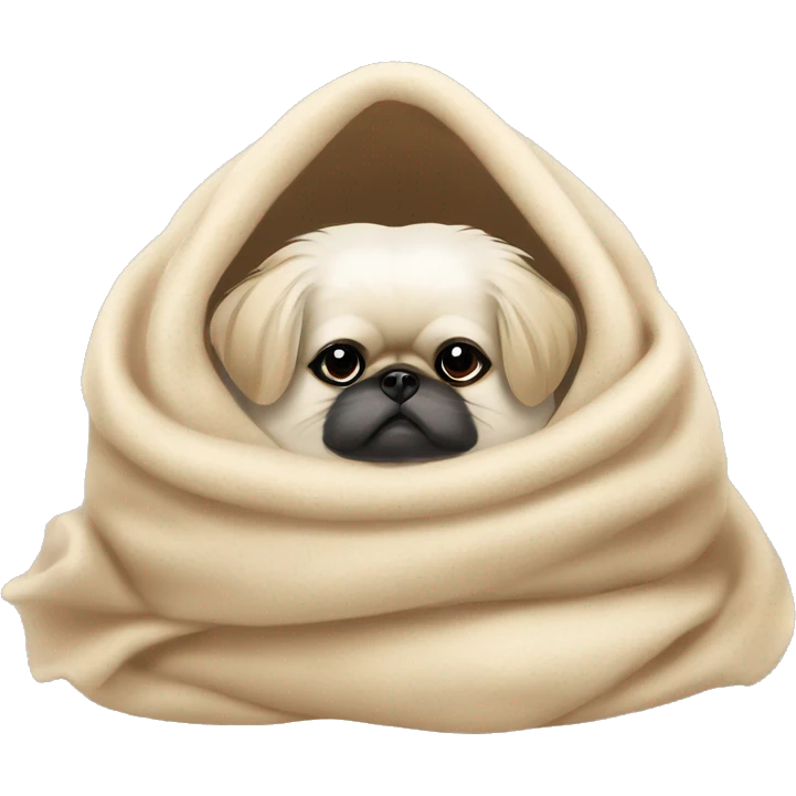 White Pekingese cozy in beige blanket emoji