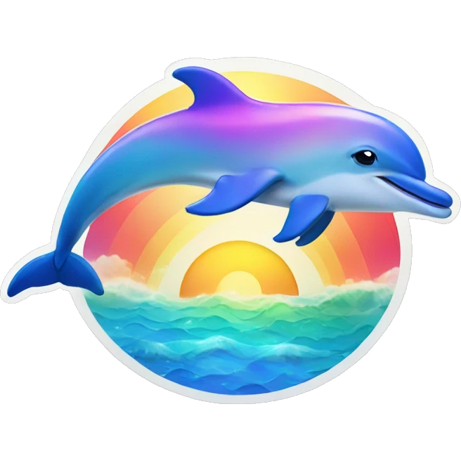 Dolphin with sunset behind with rainbows in the ocean  emoji