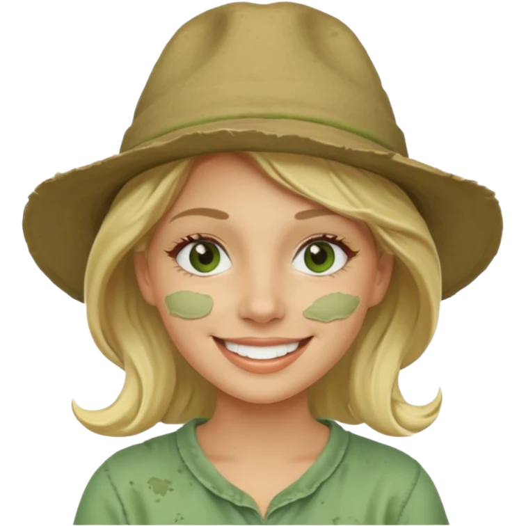messy green clay mask and tourist hat blond woman  smiling and clay mask on full face emoji