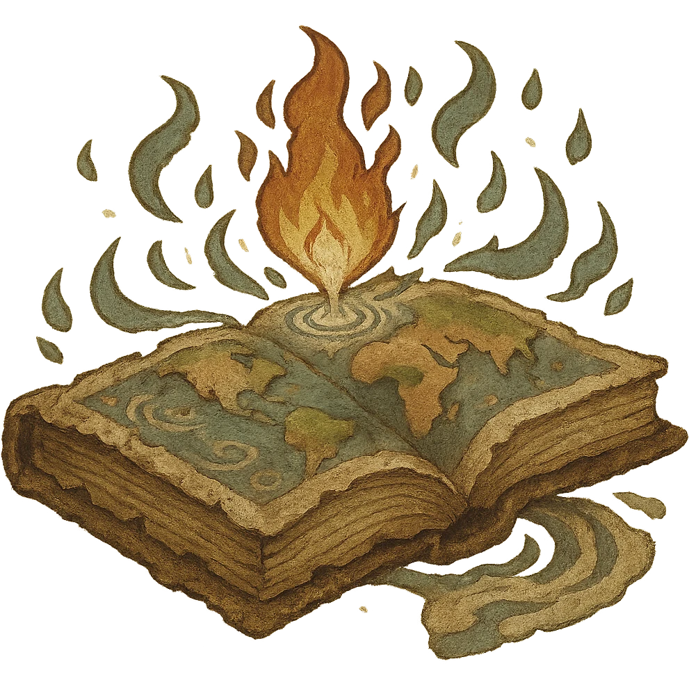 Make the ancient book with elemental motifs look even older, with tattered edges, faded elemental motifs, and mystical wear, in the style of apple emojis. Remove the background. emoji
