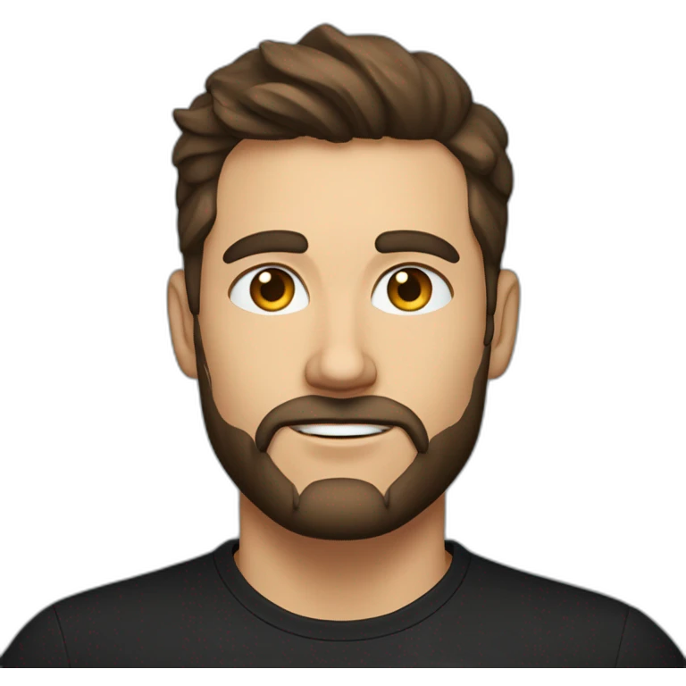 White man with a sun kissed tan, blue eyes and dark brown hair, styled sideways backwards. He has a beard and mustache trimmed. Wears s black t-shirt. emoji