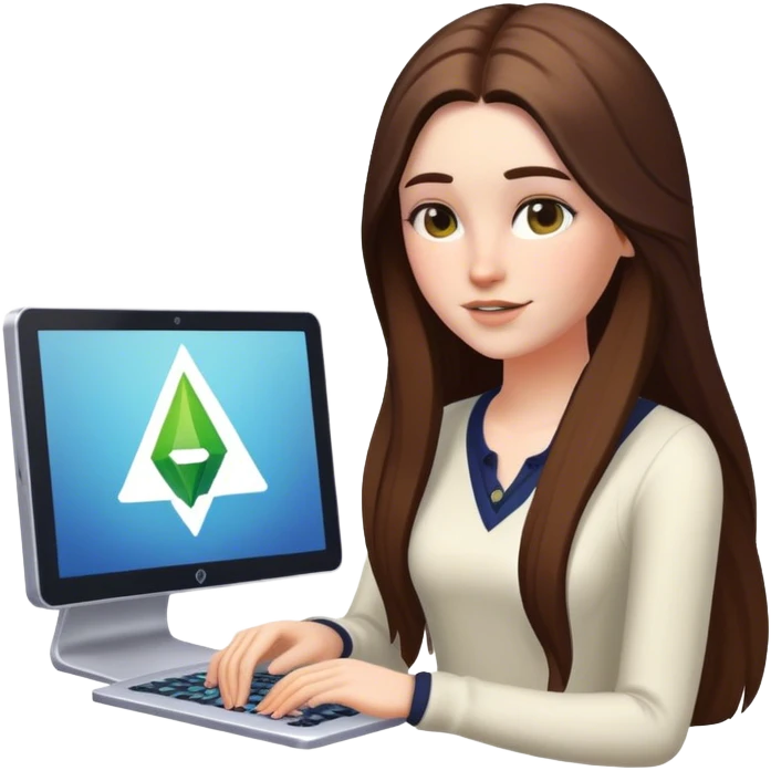 beautiful pale brunette girl with long hair playing the sims4 on her computer  emoji