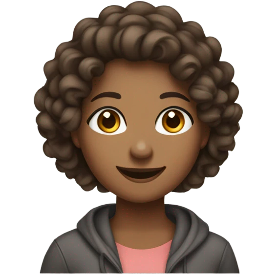 a woman saying hey! with a smile and a wave with a cute outfit on. long curly hair, brown eyes, brown skin, in leggings and a hoodie emoji
