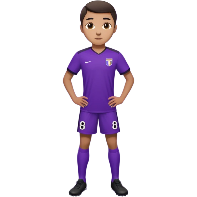 Apple emoji style 21 year old athletic soccer player standing same pose, purple jersey #8, clean gradient background emoji