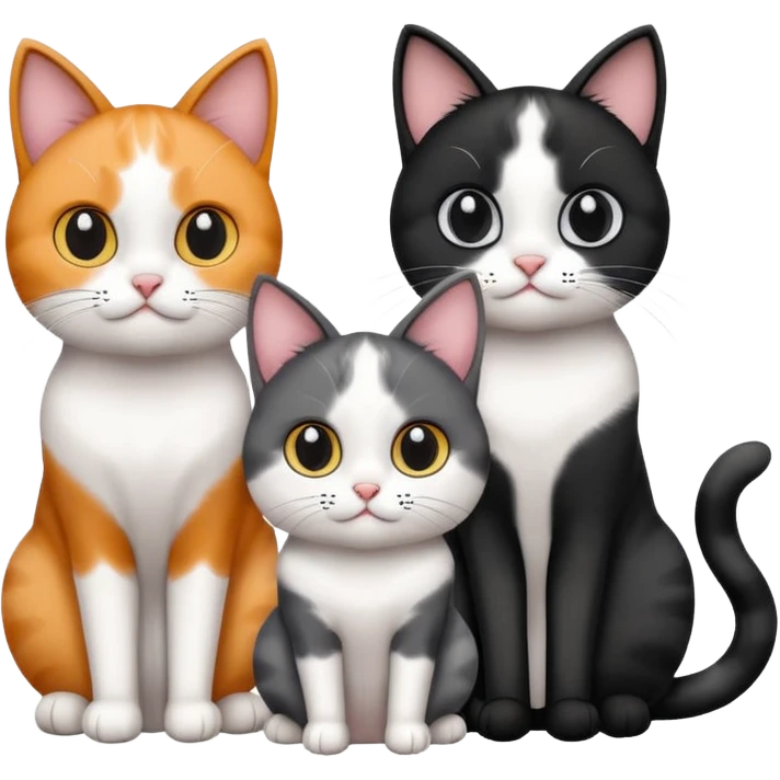 Three cats sitting together: one black and white, one calico (three-colored), and one gray, simple and cute emoji style emoji