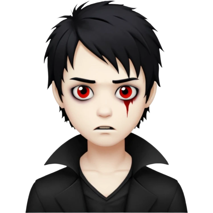vampire boy with messy black hair, emo style, medium length, eerie and unsettling face emoji