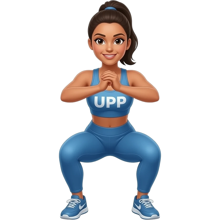 fit brunette with tan doing squarts in 299c blue top and leggings workout set with "UPP" written on her top emoji
