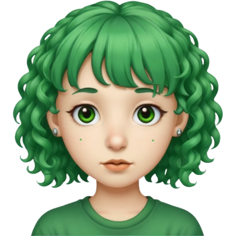 green curly  haired with hair bangs big head accessory big nose mid size ear young piercing  emoji