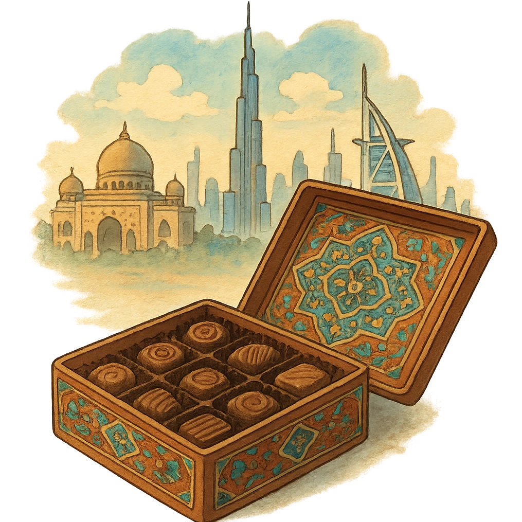 ghibli style chocolate box with Arabic patterns and Dubai cityscape emoji
