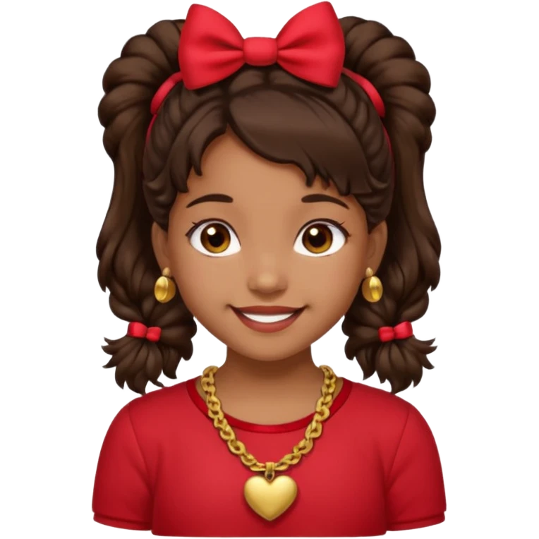Brownskin girl dark brown hair fluffy. pigtails with red bows brown eyes smiling closed mouth red shirt gold esrrings gold necklace emoji