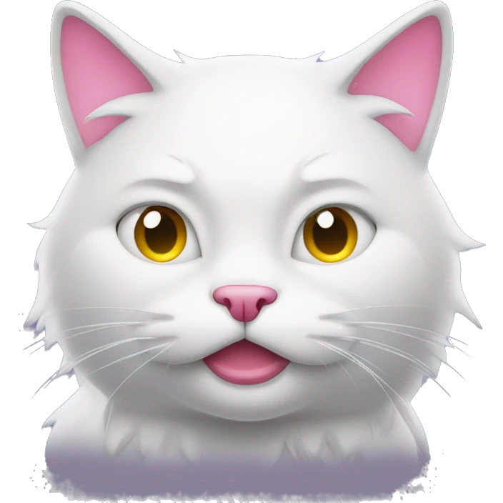 a tired cartoon neon-white cat (with one tooth coming out of the mouth) looking to the side emoji