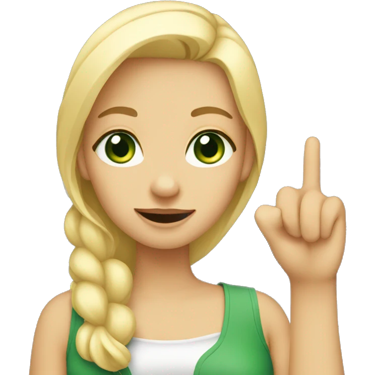girl with blonde hair and green eyes, showing her finger emoji