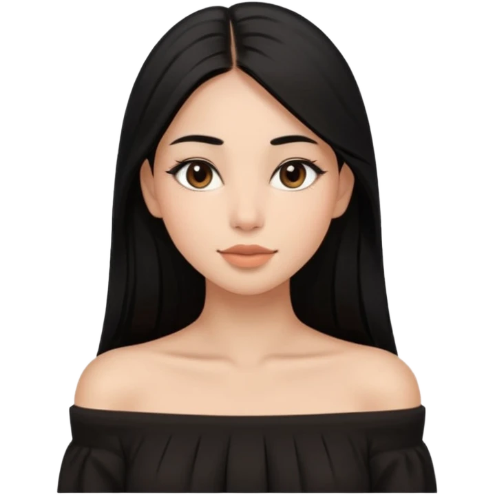 A realistic 3D avatar of a young woman with a soft oval face, slim cheeks, natural almond eyes, long straight black hair, minimal makeup, wearing a black off-shoulder top, elegant and aesthetic, brown skintone, add nosepin at left side.  emoji