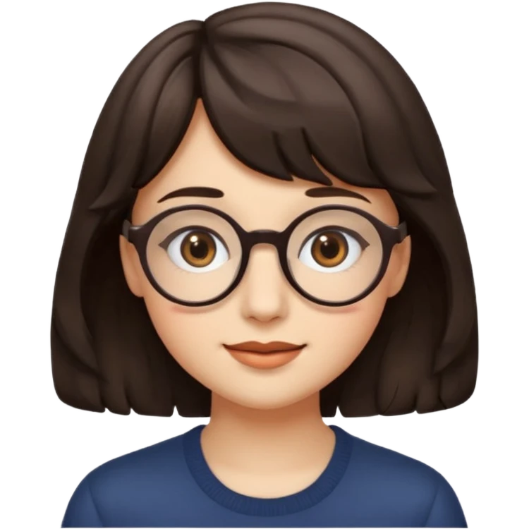 Koyu renk, dağınık dalgalı saçlı, kısa kahküllü, yuvarlak gözlüklü ve büyük kahverengi gözlü bir genç kadının yüzünü gösteren emoji tarzı illüstrasyon. Hafif bir gülümseme veya tatlı bir sırıtış ifadesi var. Cilt tonu açık. emoji