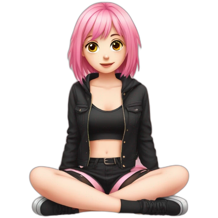 full body Front view emo girl sits on the floor black skirt pink knickers emoji