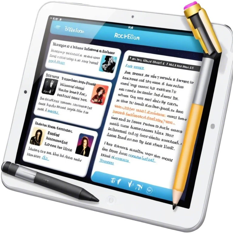 Create an emoji representing fanfiction writing. The design should feature a tablet with a screen displaying images of rock and movie stars, symbolizing the inspiration from popular culture. Next to the images, there should be visible text representing the fanfiction being written. A stylus should be placed near the tablet to emphasize the act of writing. Use a creative and expressive color palette with vibrant and neutral tones. Do not include any emojis or smiley faces. Make the background transparent. emoji