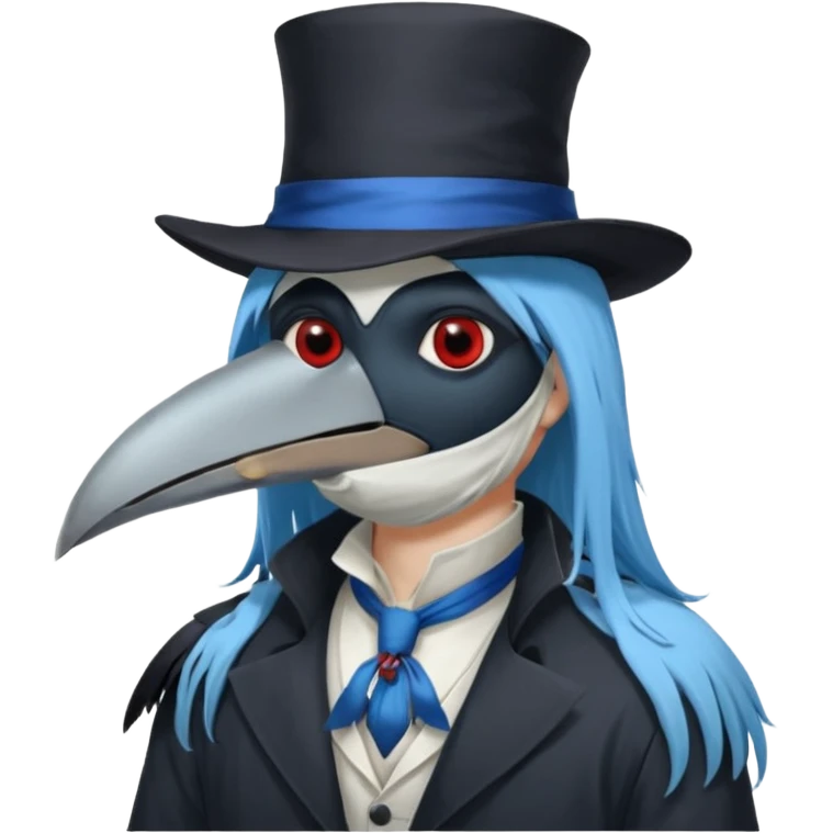 Plague Doctor with light-blue beautiful hair, handsome sexy, long hair tendril bangs down on the sides, white lab coat, blue cravat, black feathers on shoulder, raven companion, black gloves, red eyes emoji
