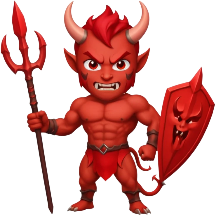 Emoji-style devil: red skin, horns, muscular body, red trident, angry face, emoji