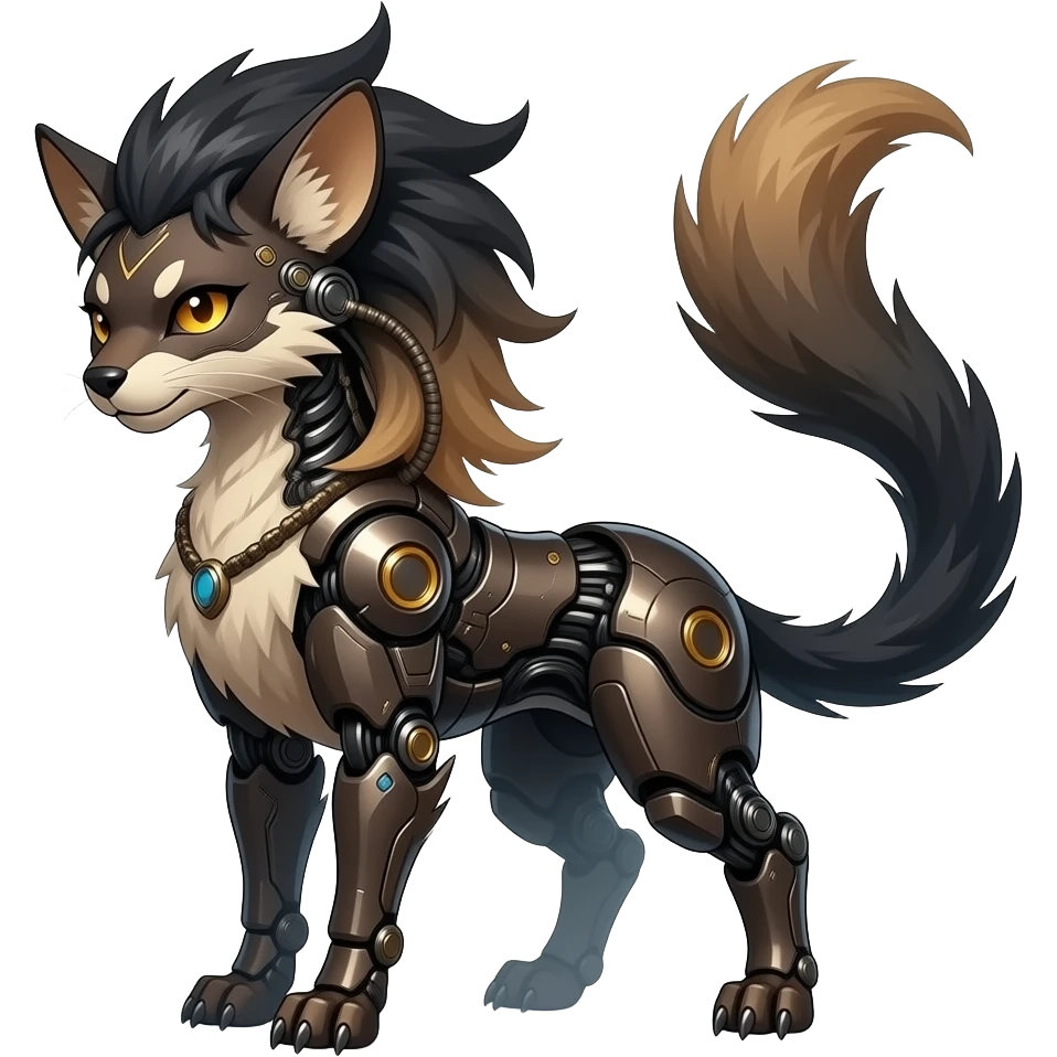 badass elegant wild beautiful natural badass futuristic epic exotic anthro modern furry cyborg-sergal-vernid-creature, full body, dark-brown-black-gradient pretty hair, with a long tufted tail, aesthetic, art by LiLaiRa, art by art by Falvie emoji