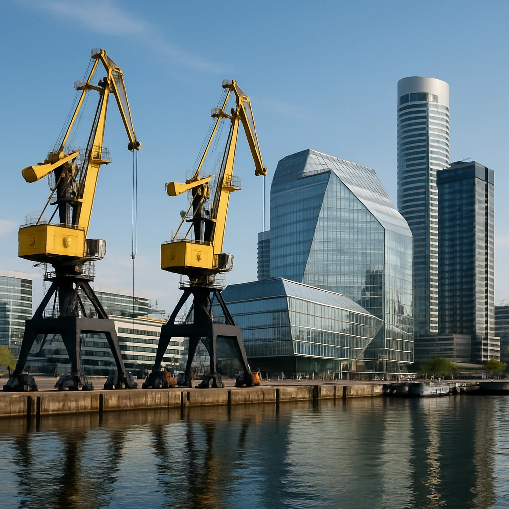 photorealistic port with industrial cranes, modern architecture emoji