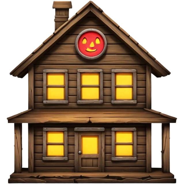 rustic wooden building, neon sign emoji