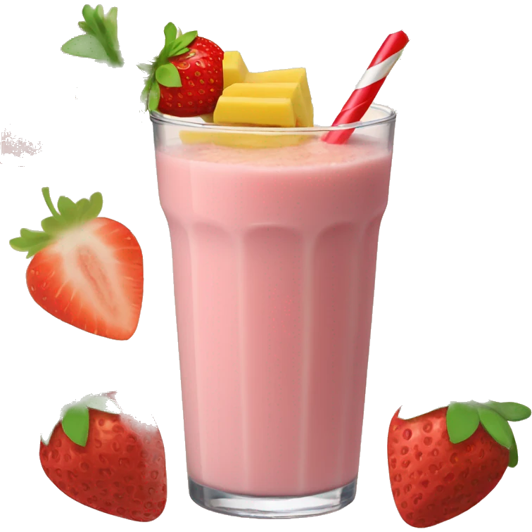 A strawberry banana smoothie with a orange straw emoji