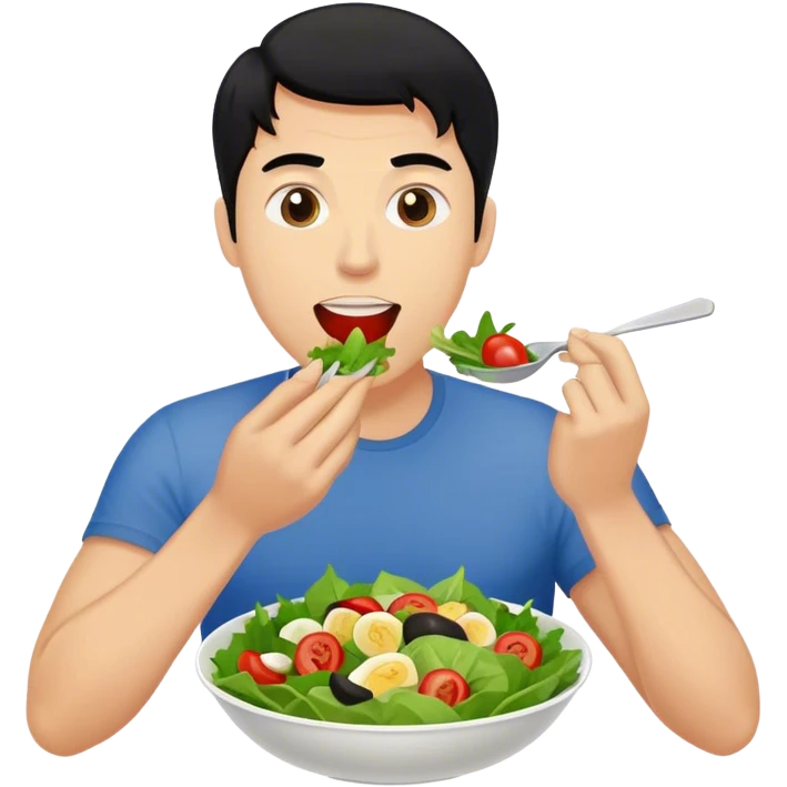White guy with black hair eating a salad emoji