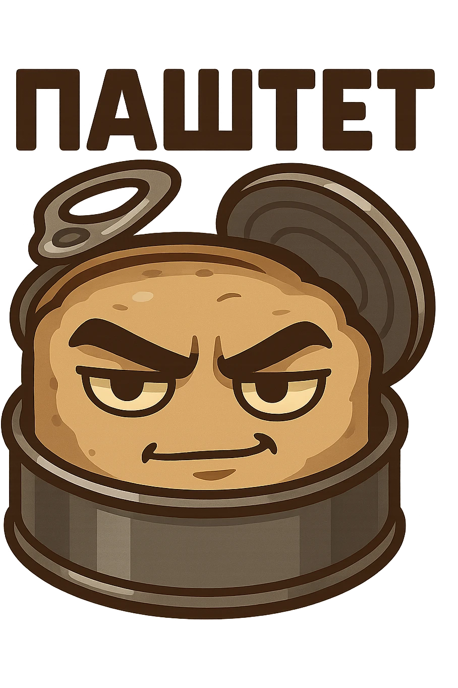 Chibi style open pâté tin can with visible pâté inside, masculine vibe, confident tough expression, half-smile smirk, thick eyebrows, slightly narrowed eyes, calm dominant energy, cartoon but not babyish, strong simple shapes, thick bold outline, muted colors (beige, brown, dark gray), flat illustration, no background, Twitch emote style, readable at small size, text on top saying "ПАСТЕТ" in bold strong Cyrillic letters emoji