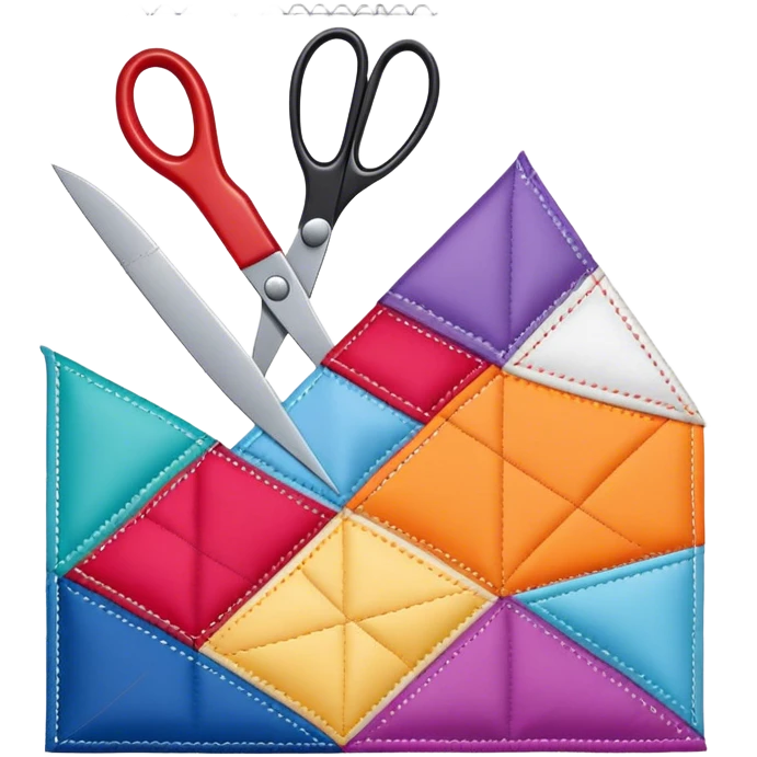 Patchwork icon, colorful quilt with sewn-together fabric pieces, visible stitching, scissors, thread, and sewing needles, minimalistic style, clean lines, transparent background. emoji