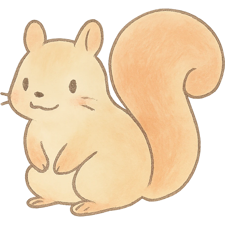 cute pastel squirrel silhouette, Japanese hand-drawn style, full object, transparent background, with a gentle smile emoji